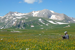 Турист маршрута 30 на альпийском лугу, поход через горы к морю